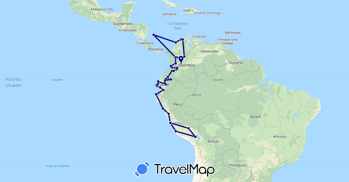 TravelMap itinerary: driving in Colombia, Ecuador, Peru (South America)